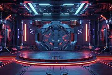 Futuristic Sci-Fi Stage with Neon Lights and Spaceship Door