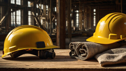 Vibrant yellow safety construction helmet placed on ground