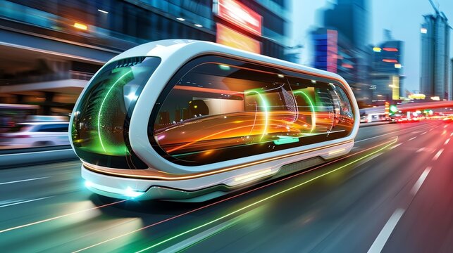 Futuristic autonomous vehicle gliding through a modern city street at night with vibrant lights and a sleek design, representing advanced technology.