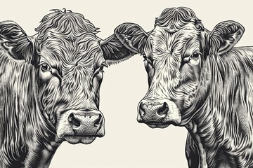 A detailed black and white drawing of two cows faces. Generative AI
