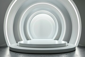 Obraz premium Minimalistic white podium stage in an abstract room with glowing circular shapes for product presentation or branding. Concept of futuristic design, modern architecture, and exhibition space.