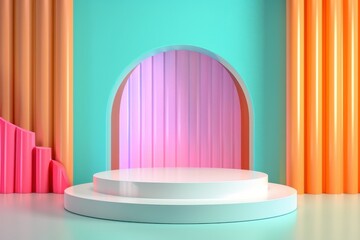 Empty white podium on pastel background with geometric shapes and arch for product display. Minimal mockup for showcasing cosmetics, branding, or packaging design