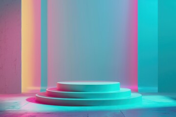 Empty white podium with colorful neon lights, ideal for product placement or showcasing. Modern minimalist design for advertising, branding, or presentations.