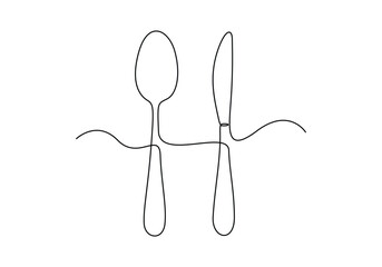 Spoon fork and knife continuous one line drawing vector illustration