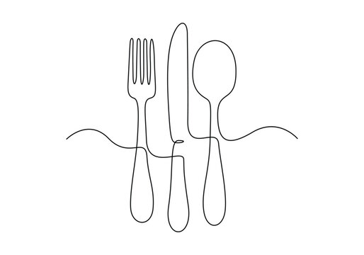 Spoon fork and knife continuous one line drawing vector illustration