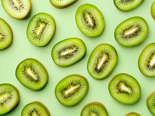 Fototapeta premium Green Kiwi Slices Pattern on Pastel Green Background