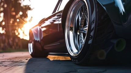 Detail shot of a car's custom alloy wheels and low-profile tires