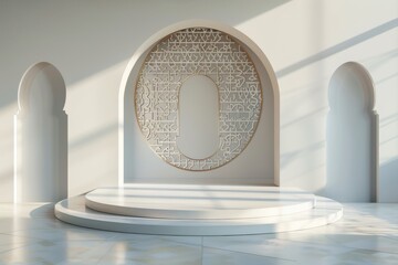 Minimalistic Islamic background with white podium, traditional arches and Arabic calligraphy for product placement or branding. Concept of Ramadan, Eid, or Islamic culture.