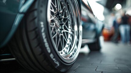Detail shot of a car's custom alloy wheels and low-profile tires