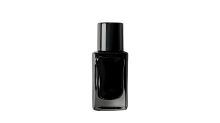 Black nail polish in glass bottle on white background
