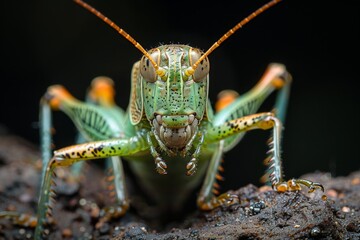 Fototapeta premium Close-Up Portrait of a Green Grasshopper