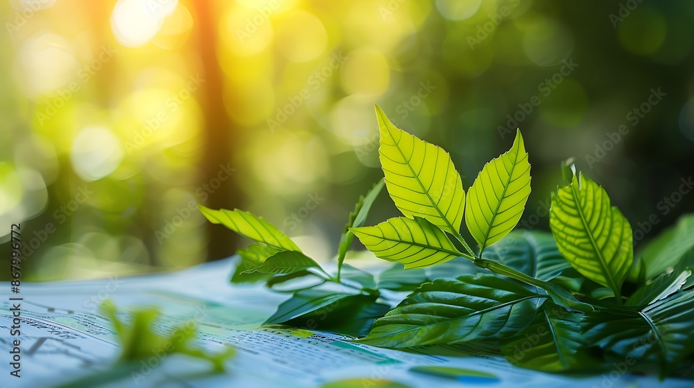 Poster green leaves on a table with a blurred forest background