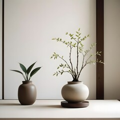 Clean Aesthetic Scandinavian, Japanese style table with decorations. Zen. Spiritual	
