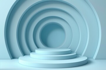 Fototapeta premium Minimalist 3D rendering of a blue podium or pedestal with a circular background. Ideal for product photography, branding, and presentations.