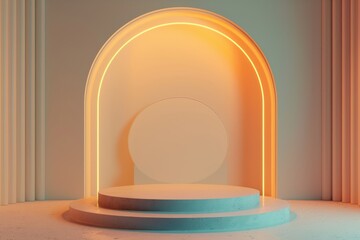 Empty illuminated podium with neon arch on pastel background, ideal for product placement or exhibitions. Concept of showcasing, presentation, and minimalism.