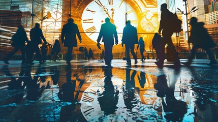 Business people walking in city with clock. Concept of time management. Double exposure.