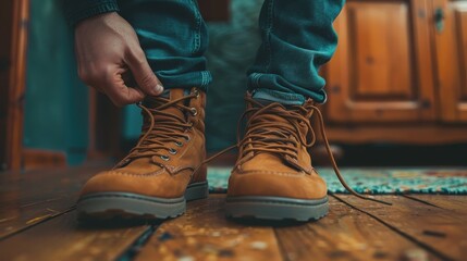 A man is putting on his brown boots