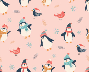 Christmas Seamless Pattern with cute Doodle style Penguin and Bird decoration, pink background for banners, wallpapers, wrapping, textiles. Hand drawn vector design