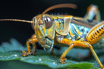 Fototapeta premium Close-up of a Vibrant Grasshopper on a Leaf