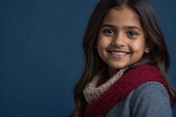Fototapeta premium Indian girl with smile on her face next to empty space on dark blue background. Beautiful young woman in a studio with place for advertising text.