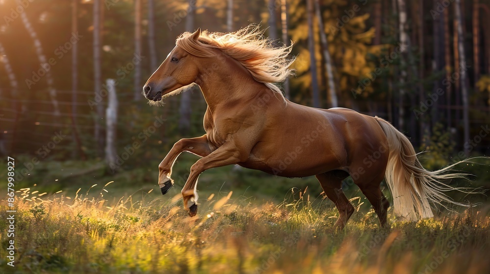 Poster golden horse running through a sunlit meadow