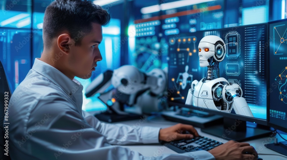 Poster engineer works with ai robot assistant at computer, coding and collaborating in a futuristic office.