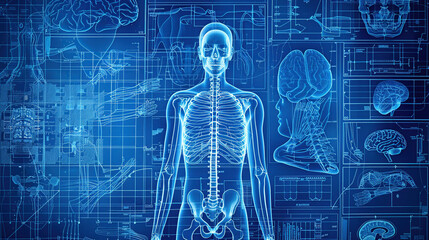 A digital blue background with an overlay of human anatomy and medical diagrams