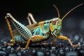 Close-up of a Vibrant Green Grasshopper on a Wet Surface