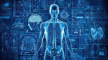 A digital blue background with an overlay of human anatomy and medical diagrams