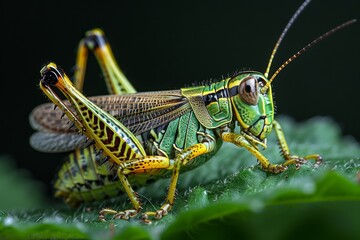 Green and Yellow Grasshopper on a Leaf