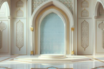 Obraz premium Stunning white and gold Islamic palace interior with ornate arches, marble floors and intricate designs. Perfect backdrop for Ramadan, Eid, or cultural celebrations.