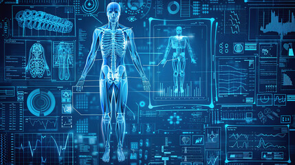 A digital blue background with an overlay of human anatomy and medical diagrams