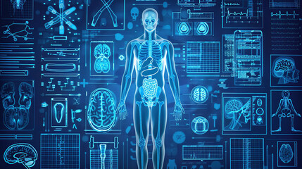 A digital blue background with an overlay of human anatomy and medical diagrams