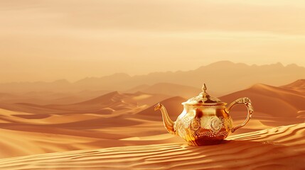 A golden teapot sits on a sandy dune in a desert landscape. The sky is a warm orange color and there are mountains in the background