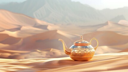 A golden teapot sits on a sandy dune in the desert. The background features a mountain range