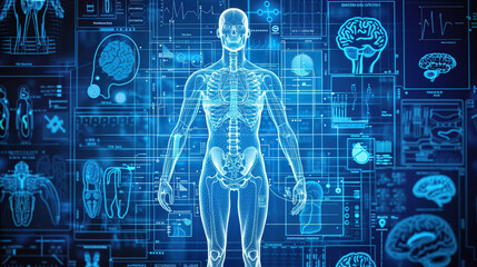 A digital blue background with an overlay of human anatomy and medical diagrams