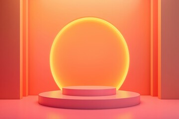 Pink podium with neon circle for product display on a pink background. Concept of showcasing, advertising, and minimal design.