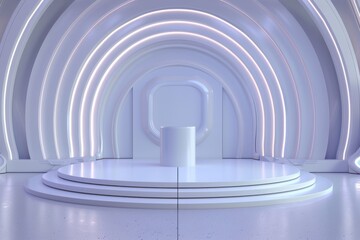 Naklejka premium Futuristic empty white stage with glowing neon lights, perfect for product, car, or object presentation. Concept of technology, innovation, and modern design.
