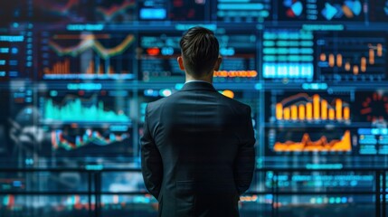 Back of a businessman in front of professional key performance indicator KPI metrics dashboard with screens and charts for sales and business results evaluation and KPI review. 