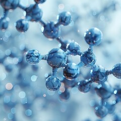 A blue plastic molecule model with a white and blue blurred background. 