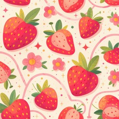 Strawberry Delight: Vibrant Strawberry and Floral Pattern, Botanical Print, Nature-Inspired Art, Summer Vibes, Fruit Illustration, Whimsical Design, Cute Strawberry Art