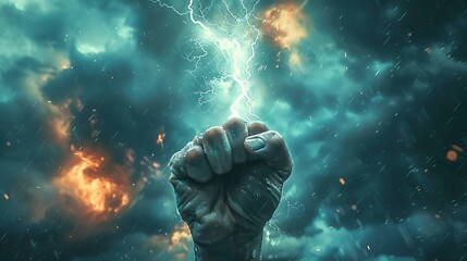 A hand clenching a bolt of lightning amidst a thunderous sky 