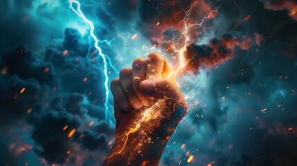 A hand clenching a bolt of lightning amidst a thunderous sky 