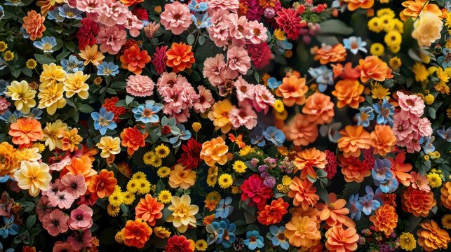 A vibrant and colorful display of various flowers on a wall, consisting of hues of blue, yellow, orange, and pink blossoms interwoven with green foliage, creating a lively and cheerful scenery.