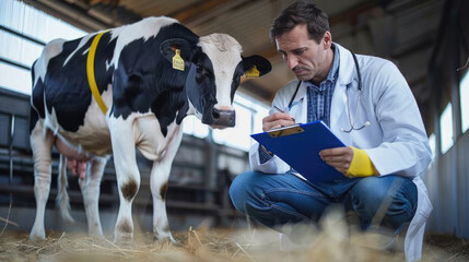 Doctor take notes in the style of medical professionals examining cows