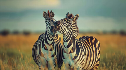 Fototapeta premium Two zebras in the wild of Africa. Zebra on a sky the color of a storm. 