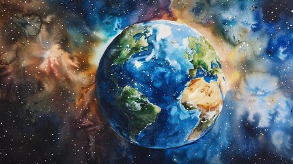 Obraz premium A vibrant watercolor painting captures the Earth from space, surrounded by colorful nebulas and countless stars.