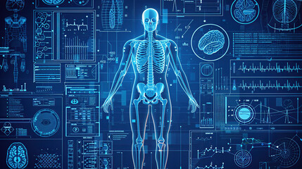 A digital blue background with an overlay of human anatomy and medical diagrams