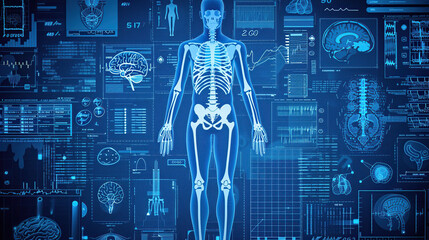A digital blue background with an overlay of human anatomy and medical diagrams
