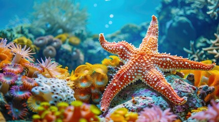 Close-up of a vibrant starfish resting on a bed of colorful coral under the clear blue waters of a tropical ocean